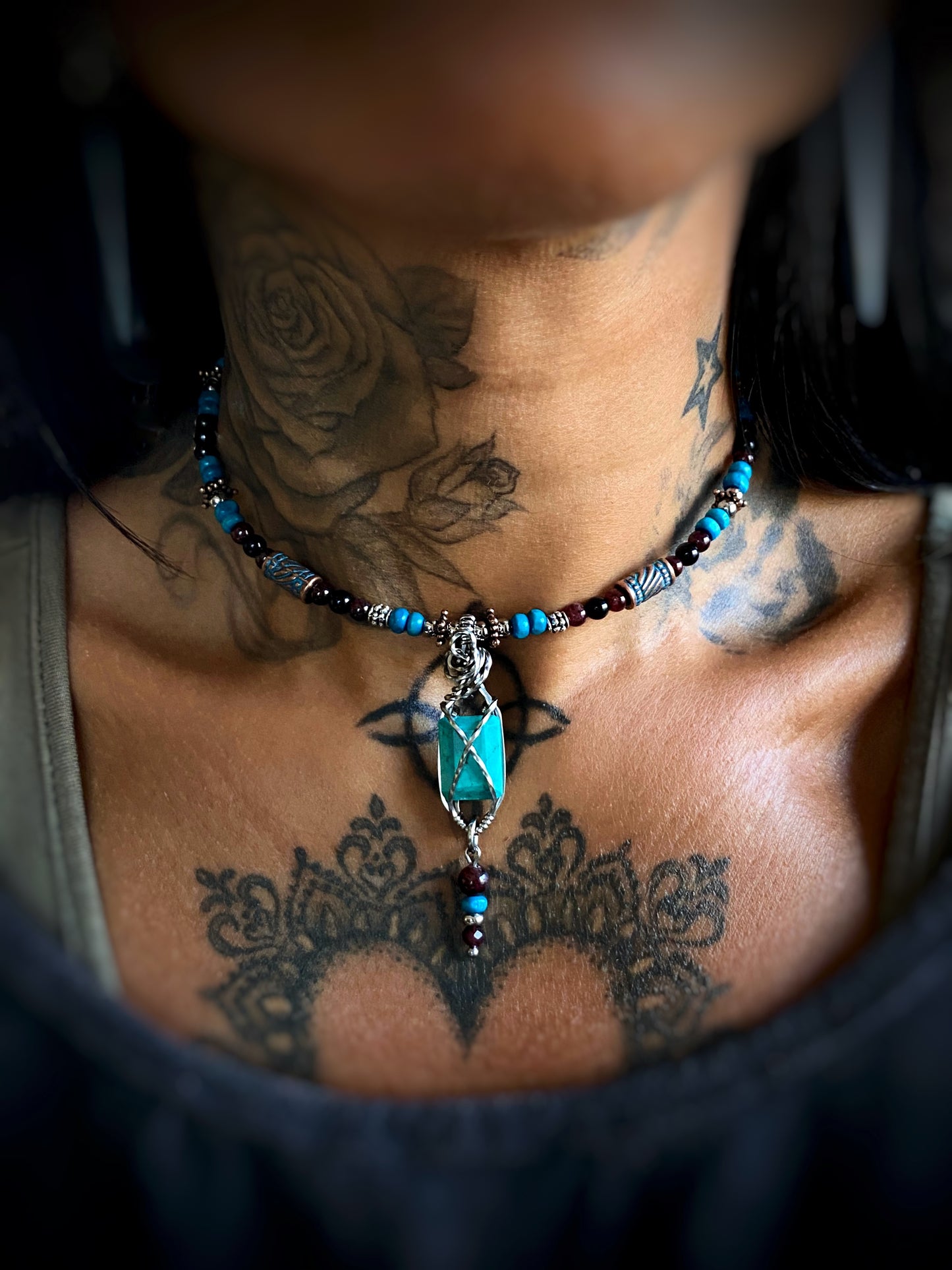 Boho ~ Turquoise & Garnet Choker
