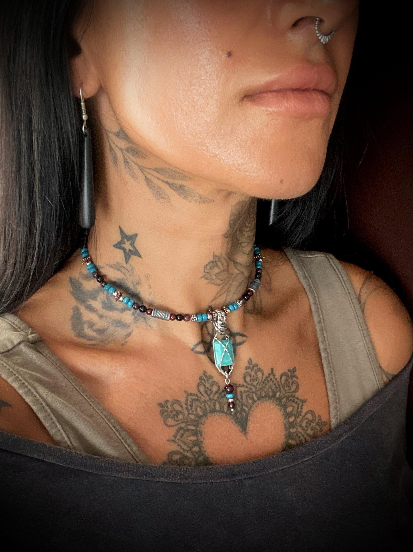 Boho ~ Turquoise & Garnet Choker
