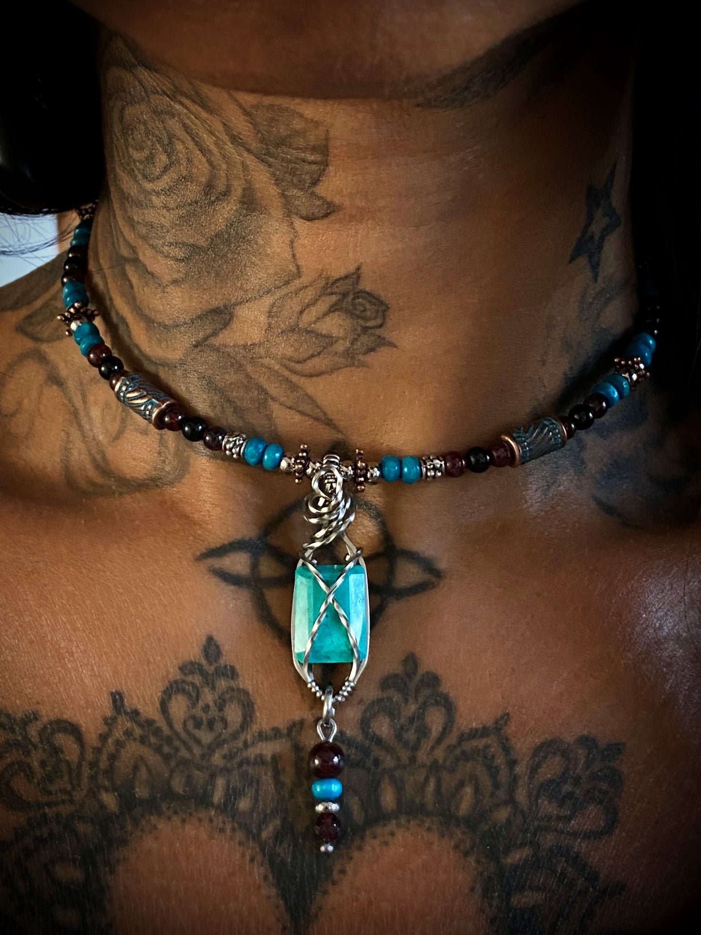 Boho ~ Turquoise & Garnet Choker