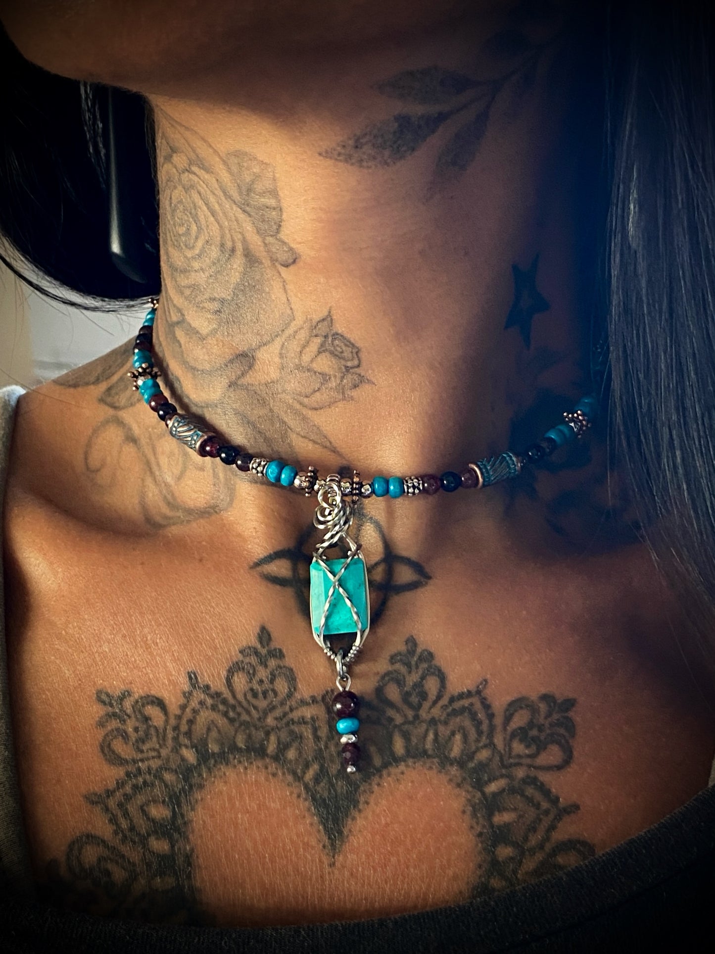 Boho ~ Turquoise & Garnet Choker